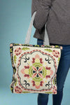 Retro Embroidered Canvas Tote - Green