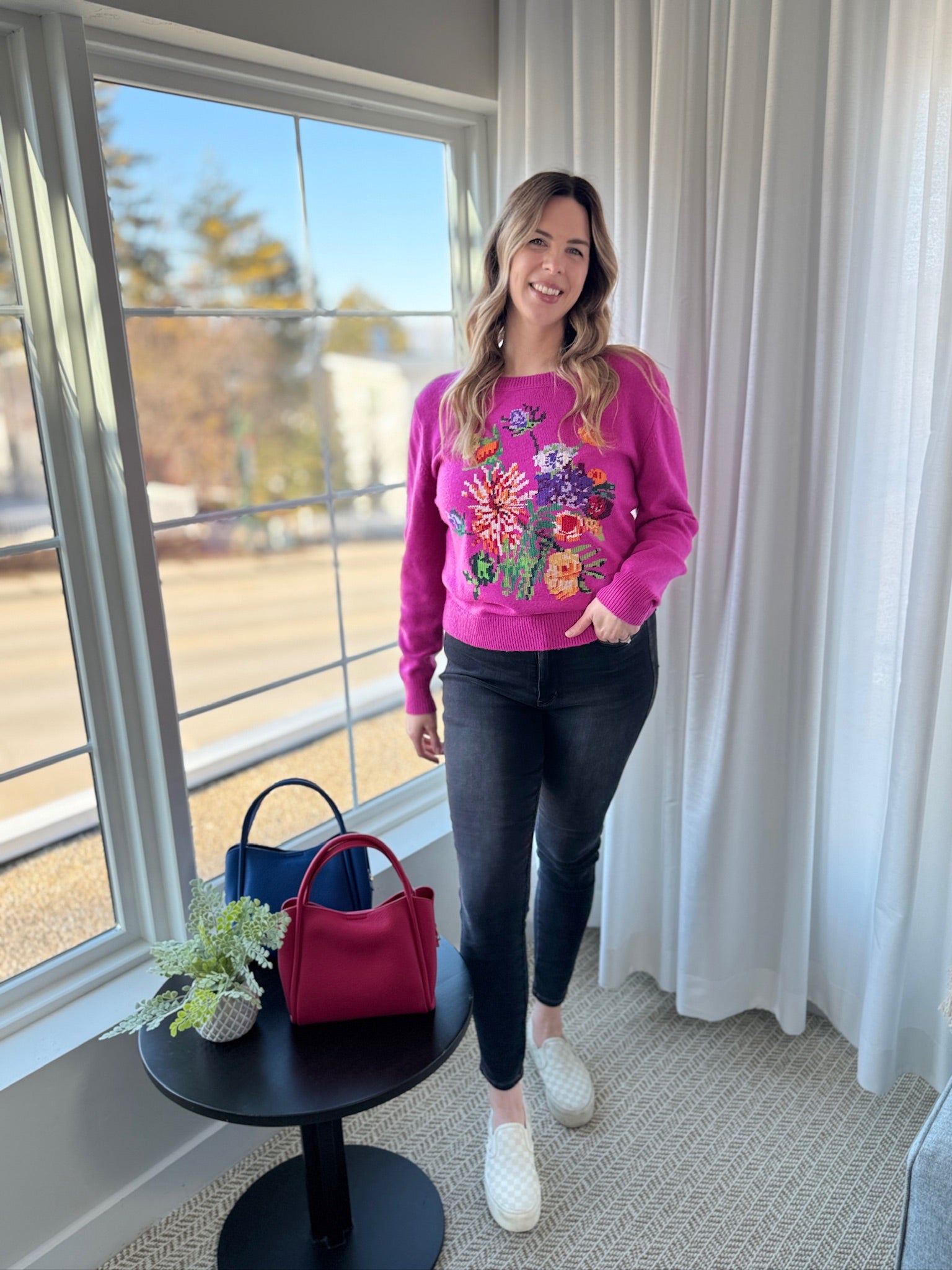 Floral Embroidered Pixel Knit Sweater