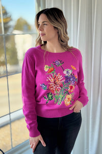 Floral Embroidered Pixel Knit Sweater