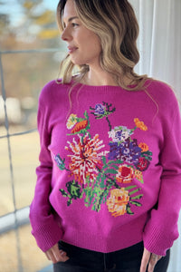 Floral Embroidered Pixel Knit Sweater
