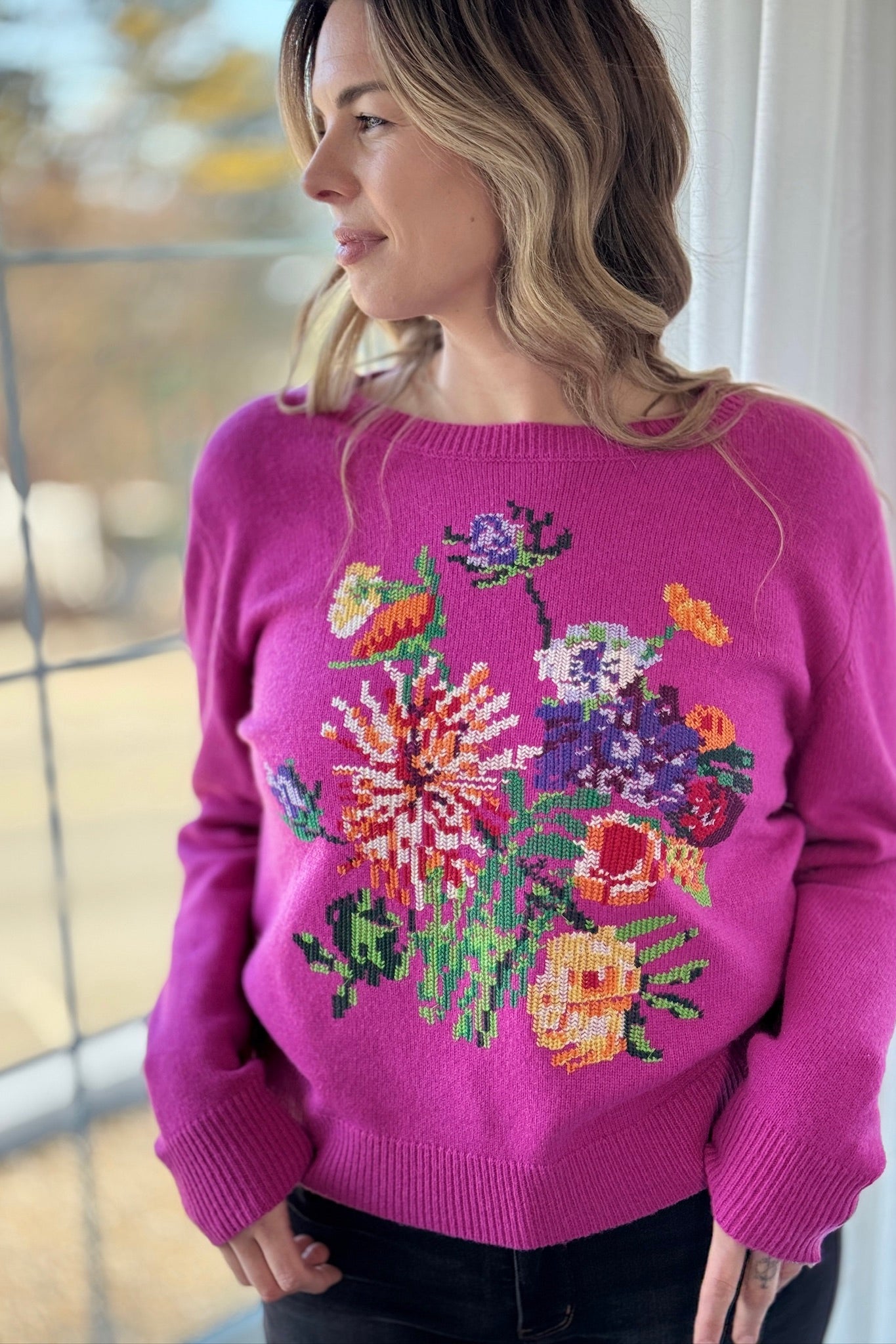 Floral Embroidered Pixel Knit Sweater