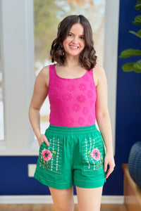 Boho Embroidered Pocket Shorts - Kelly Green