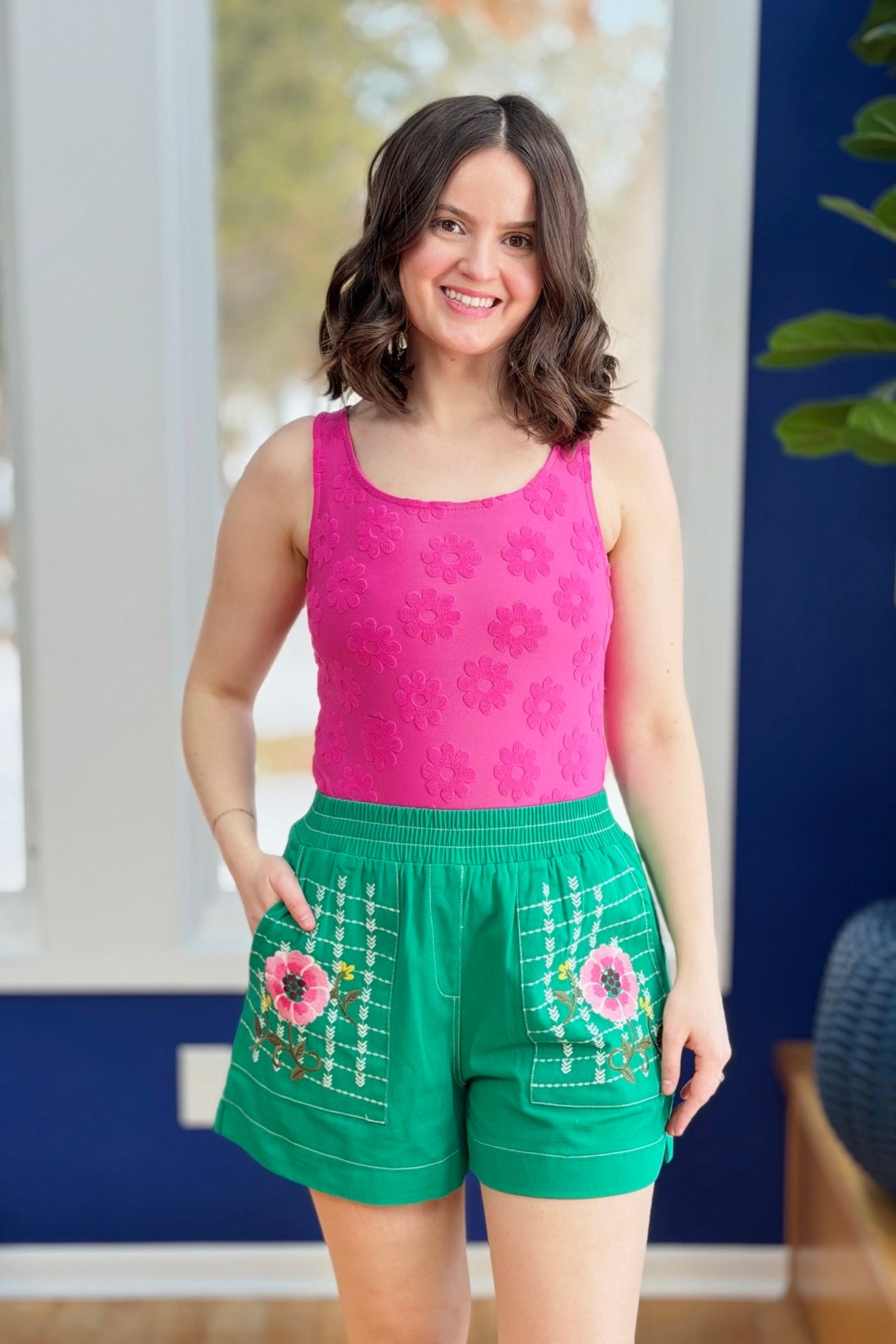 Boho Embroidered Pocket Shorts - Kelly Green