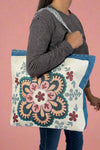 Retro Embroidered Canvas Tote - Coral
