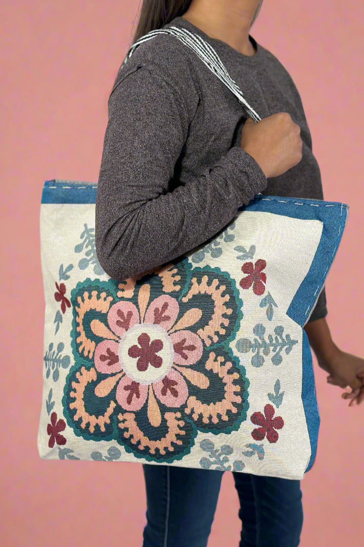 Retro Embroidered Canvas Tote - Coral
