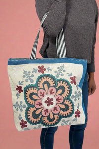 Retro Embroidered Canvas Tote - Coral