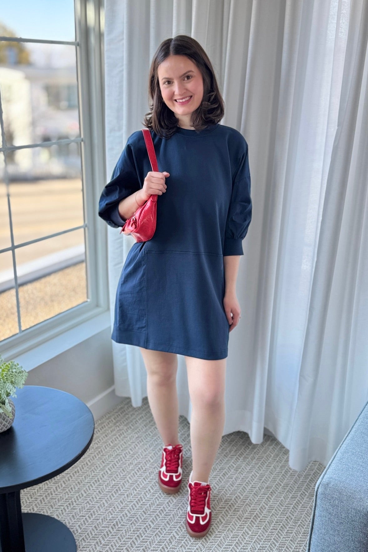Puff Sleeve Sweatshirt Dress - Navy