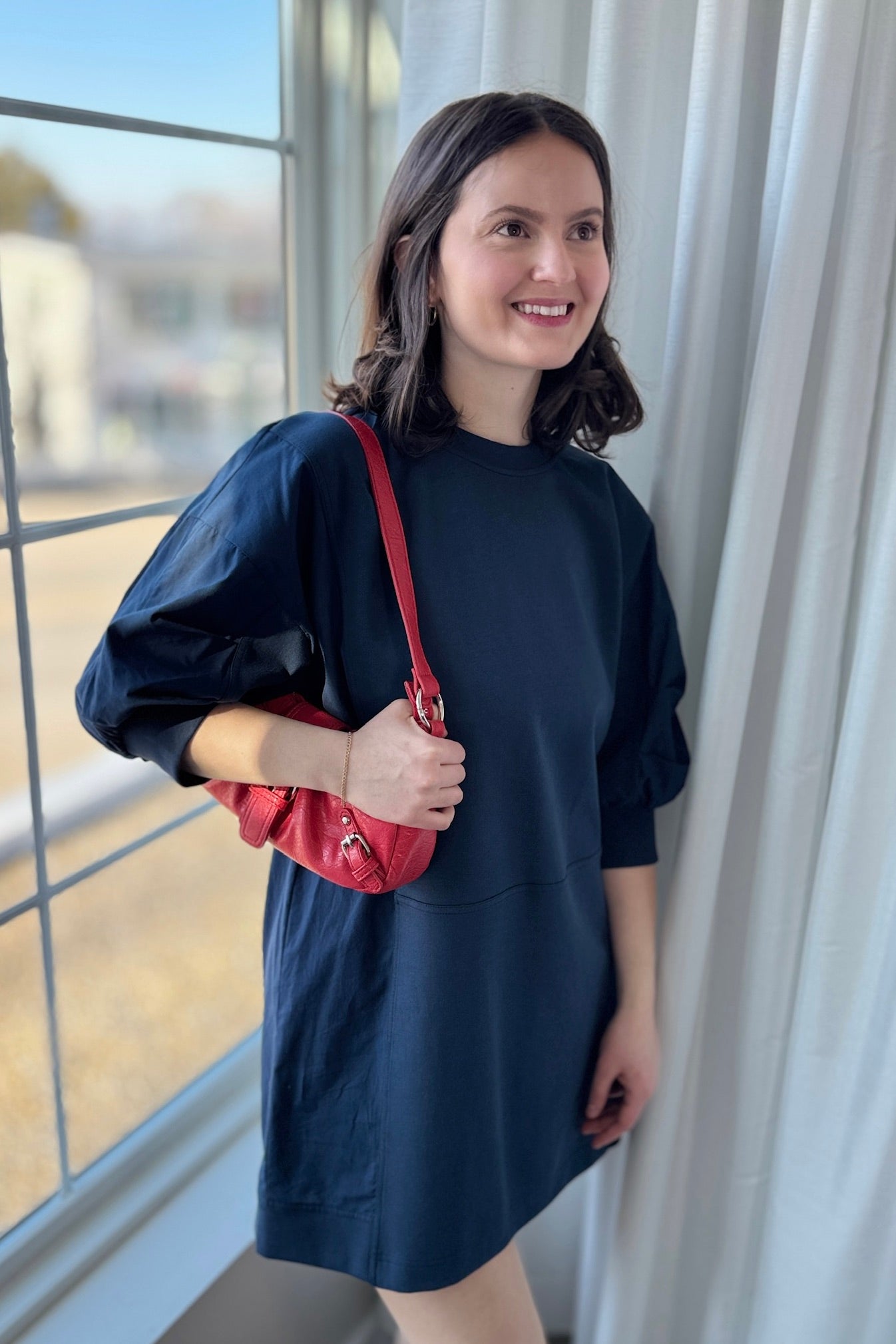 Puff Sleeve Sweatshirt Dress - Navy