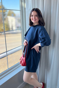 Puff Sleeve Sweatshirt Dress - Navy