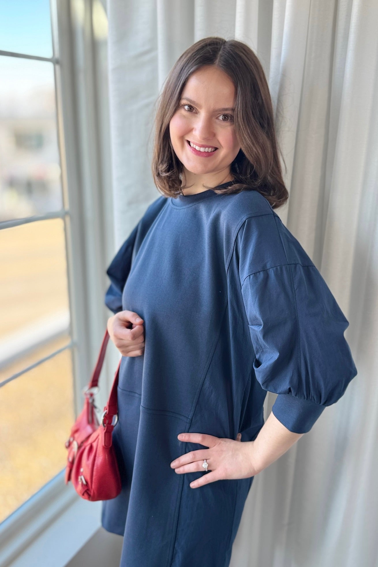 Puff Sleeve Sweatshirt Dress - Navy
