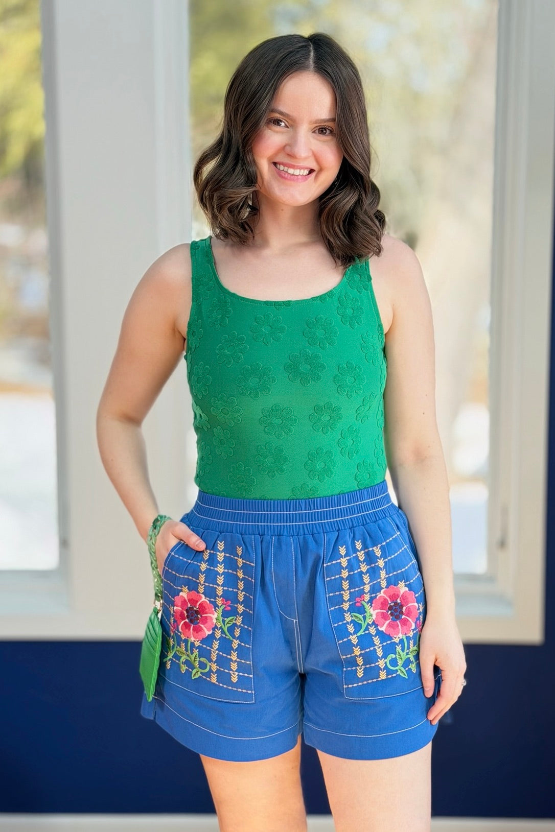 Boho Embroidered Pocket Shorts - Ocean