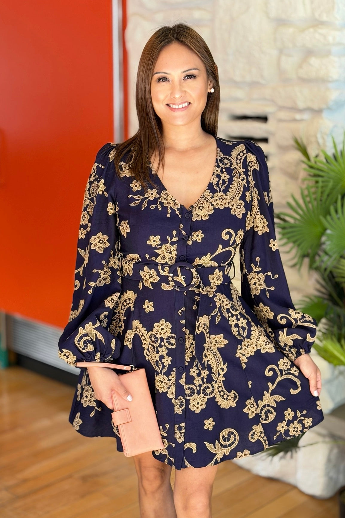 Long Sleeve Button Up Mini Dress - Navy