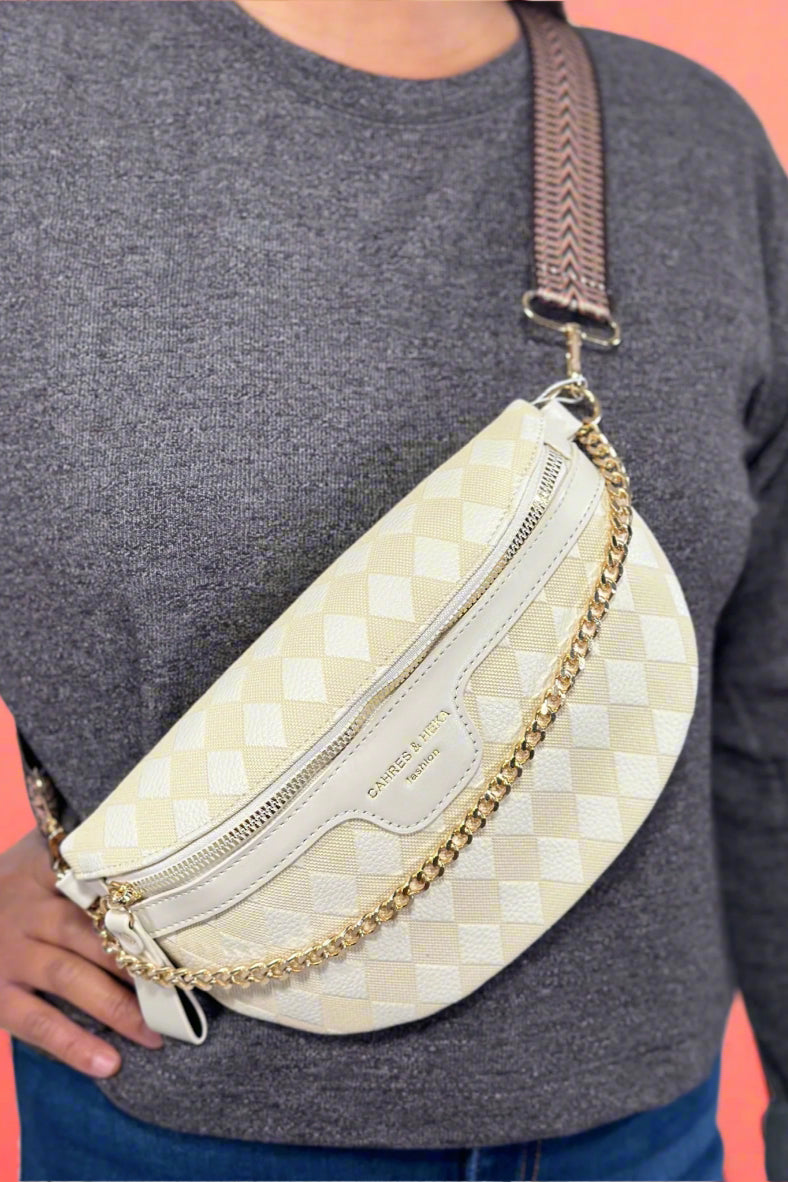 Luxury Checkered Crossbody Bag - Beige