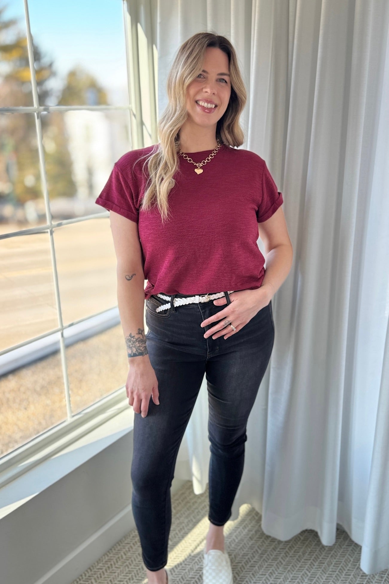 Rounded Hem Solid Tee - Burgundy