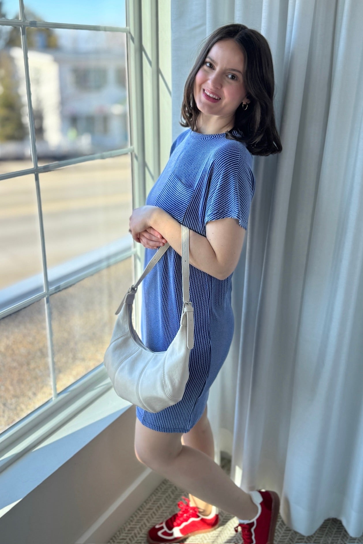 Textured Stripe T-Shirt Dress - Blue