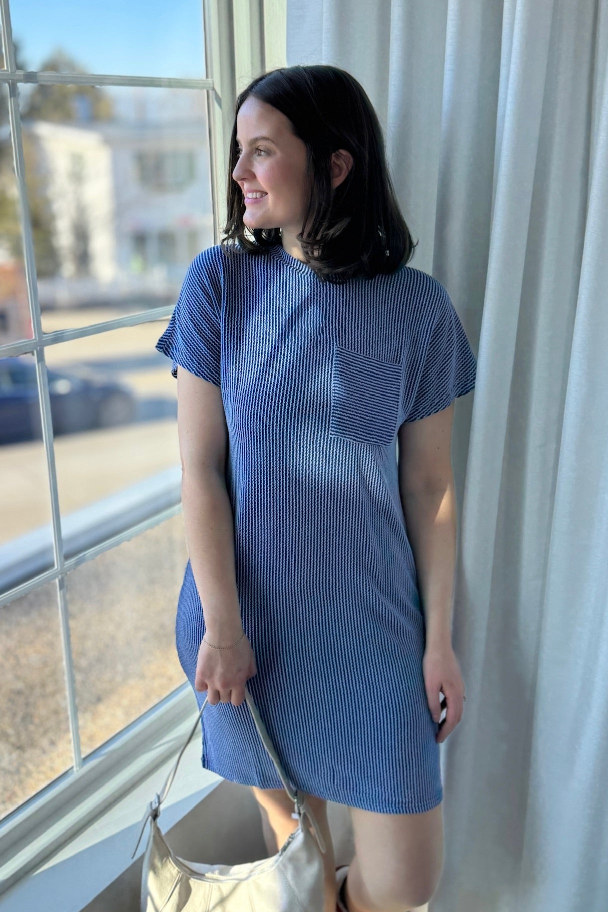 Textured Stripe T-Shirt Dress - Blue