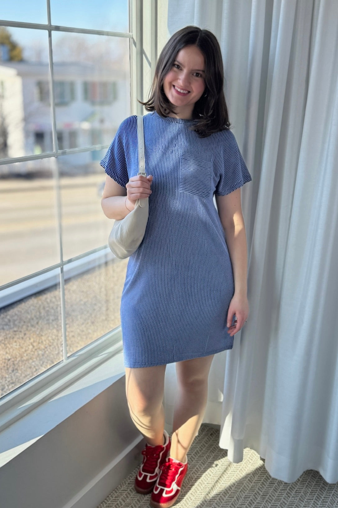 Textured Stripe T-Shirt Dress - Blue