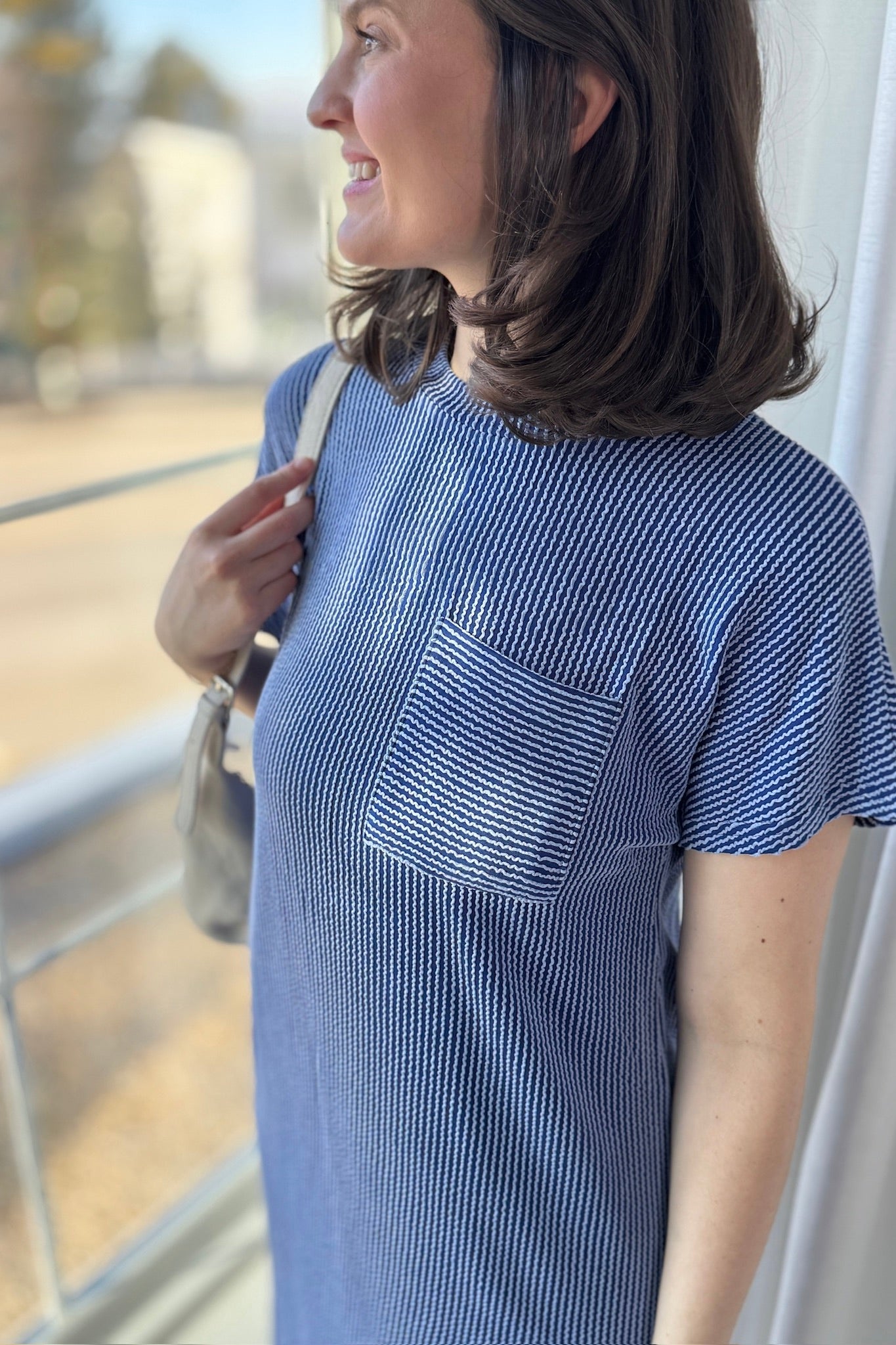 Textured Stripe T-Shirt Dress - Blue