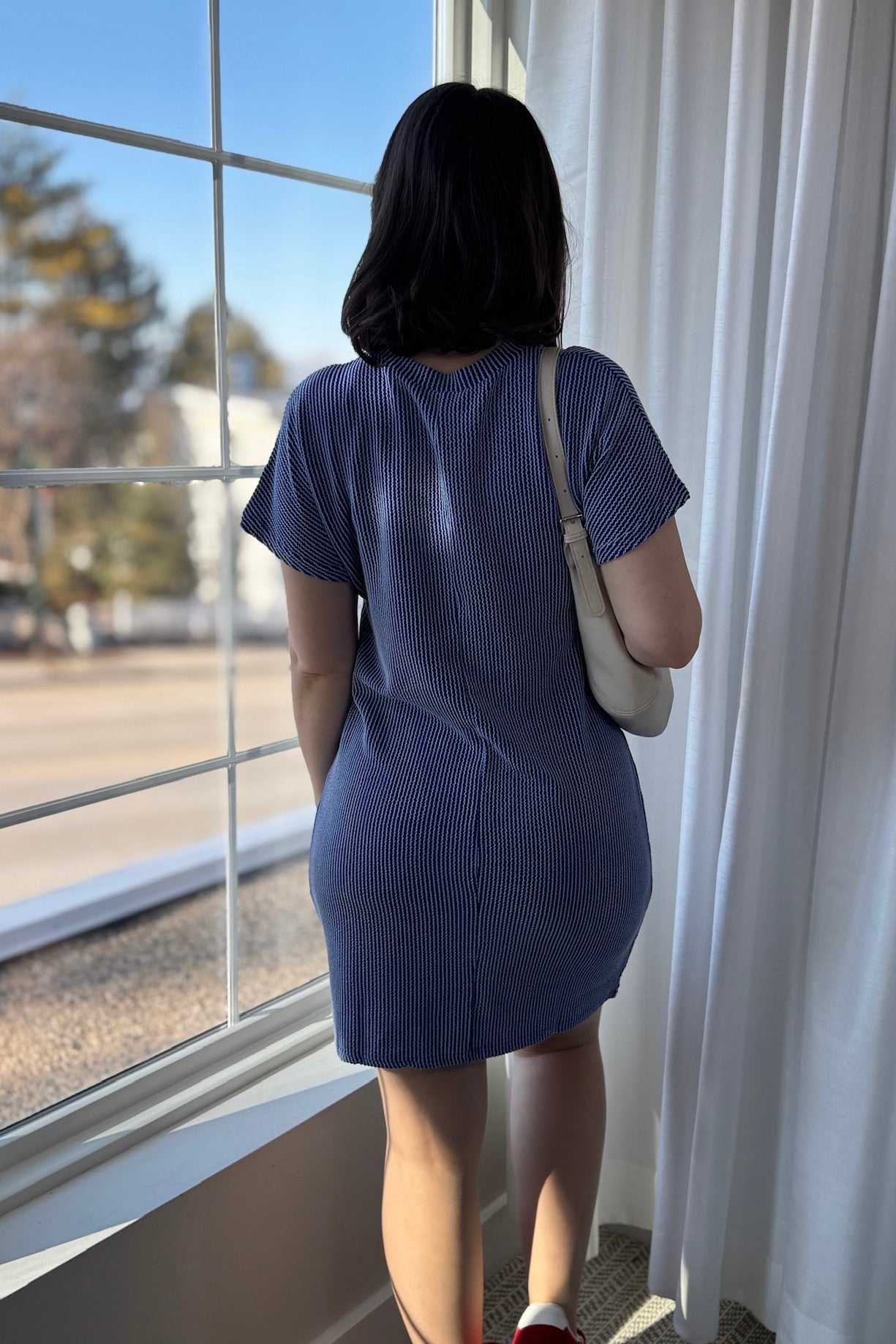 Textured Stripe T-Shirt Dress - Blue