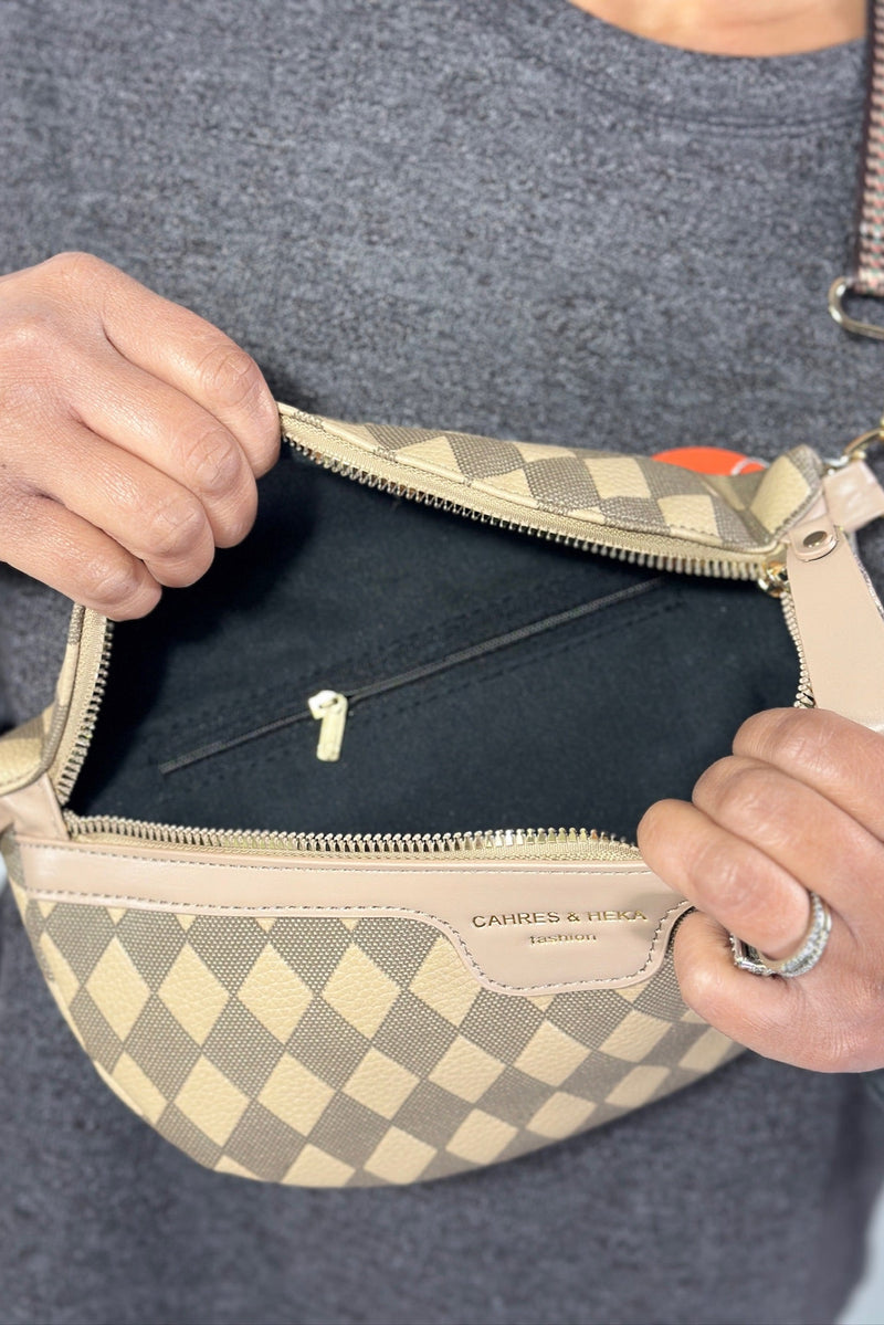 Luxury Checkered Crossbody Bag - Khaki