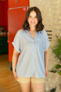 Striped Button Up Short Sleeve Shirt - Blue