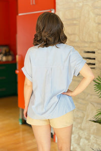 Striped Button Up Short Sleeve Shirt - Blue