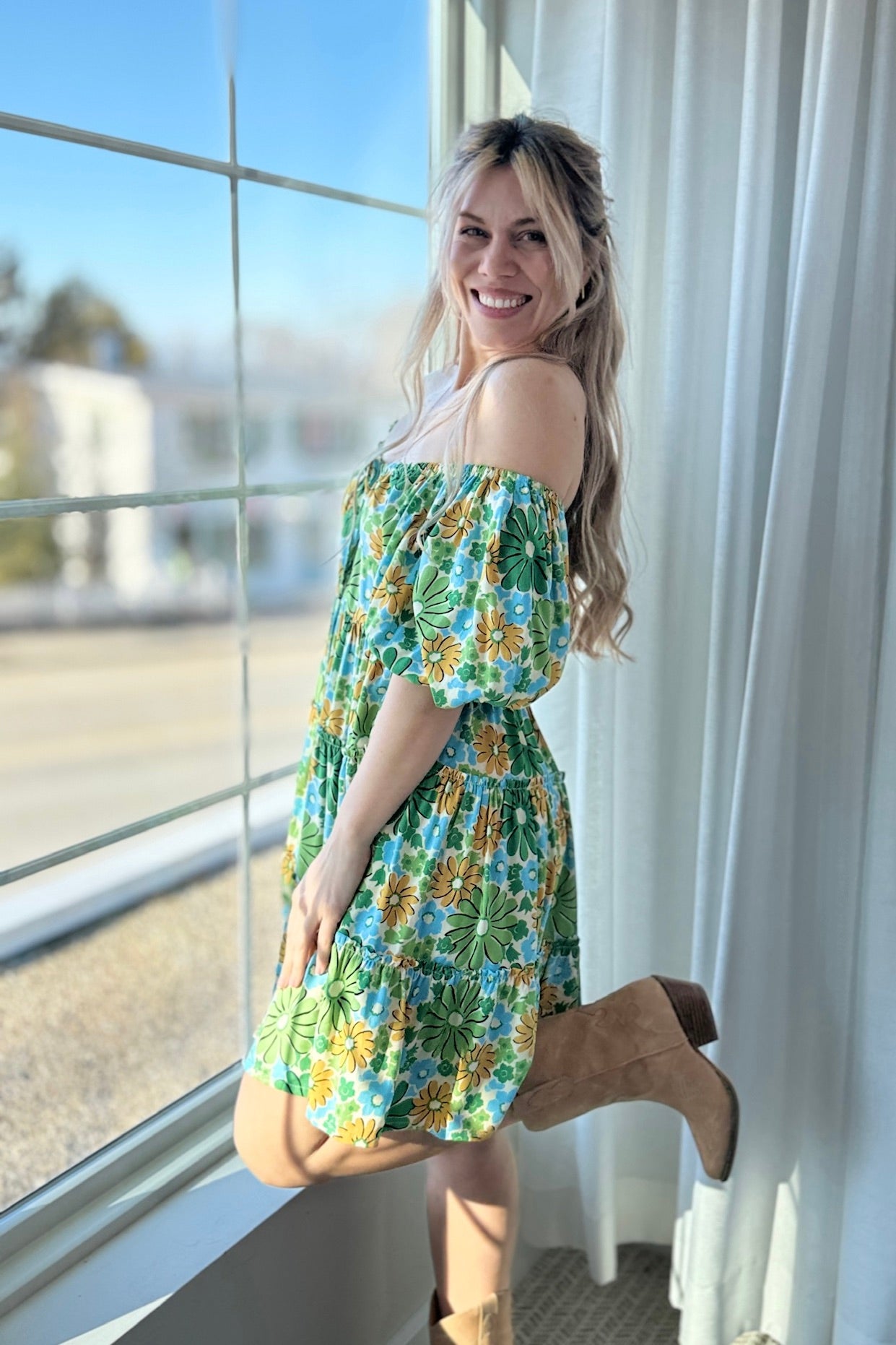 Floral Print Mini Dress - Green