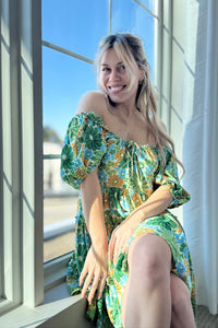 Floral Print Mini Dress - Green