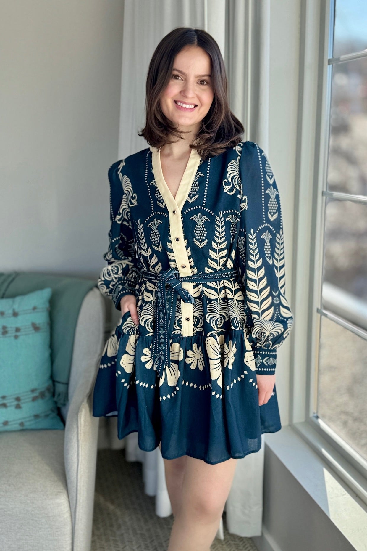 Long Sleeve Mini Dress - Navy