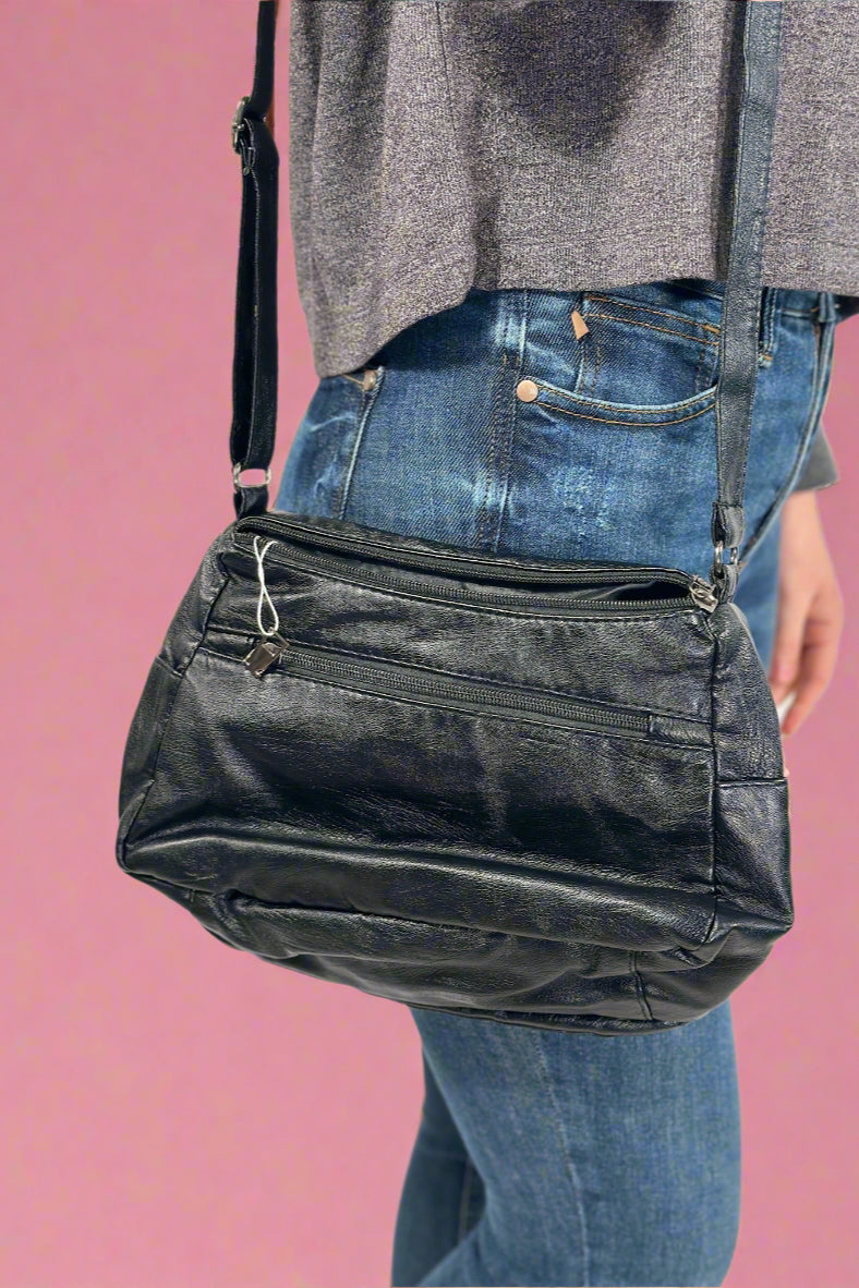 Texture Soft Messenger Bag - Black