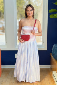 Striped Bodice Strapless Midi Dress