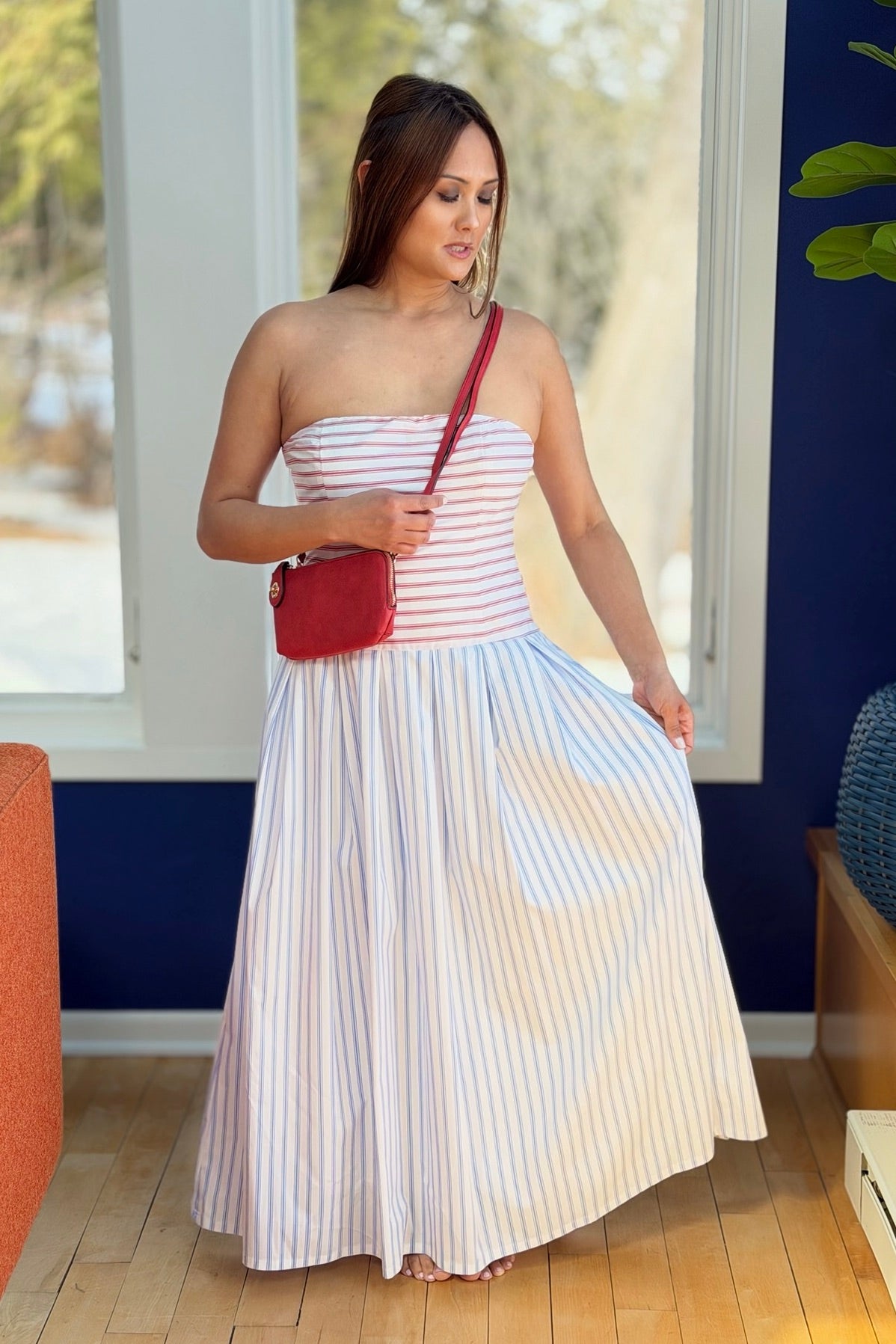 Striped Bodice Strapless Midi Dress