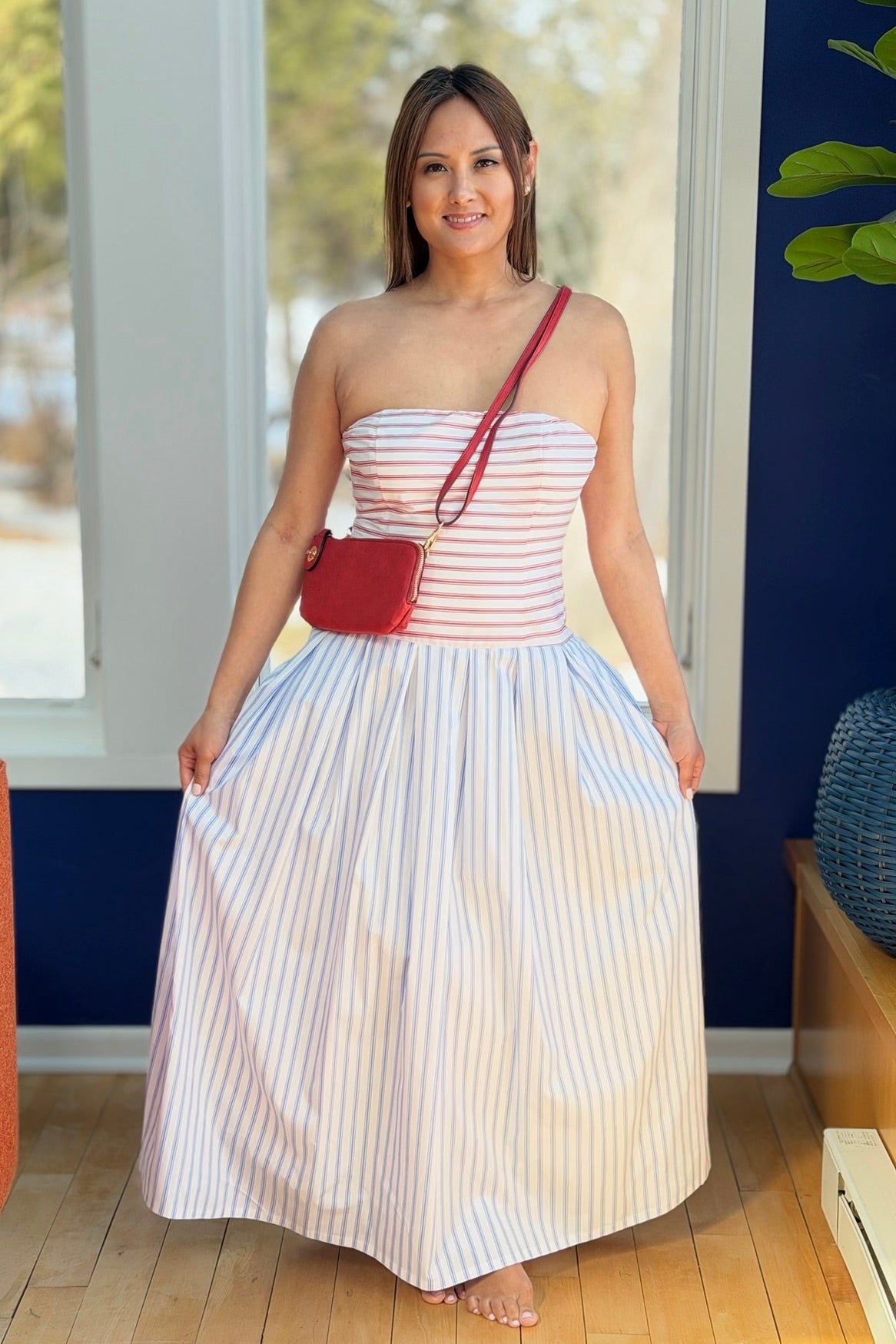 Striped Bodice Strapless Midi Dress