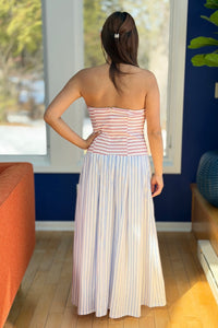 Striped Bodice Strapless Midi Dress