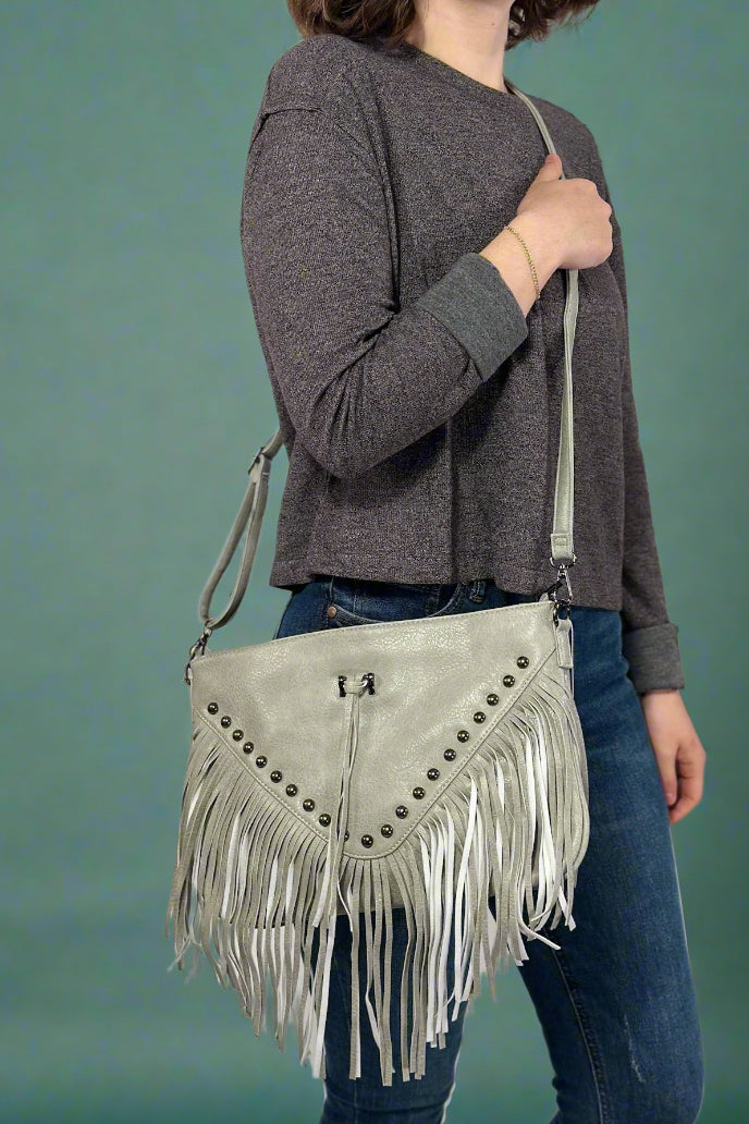 Rivet Soft Tassel Shoulder Bag - Grey