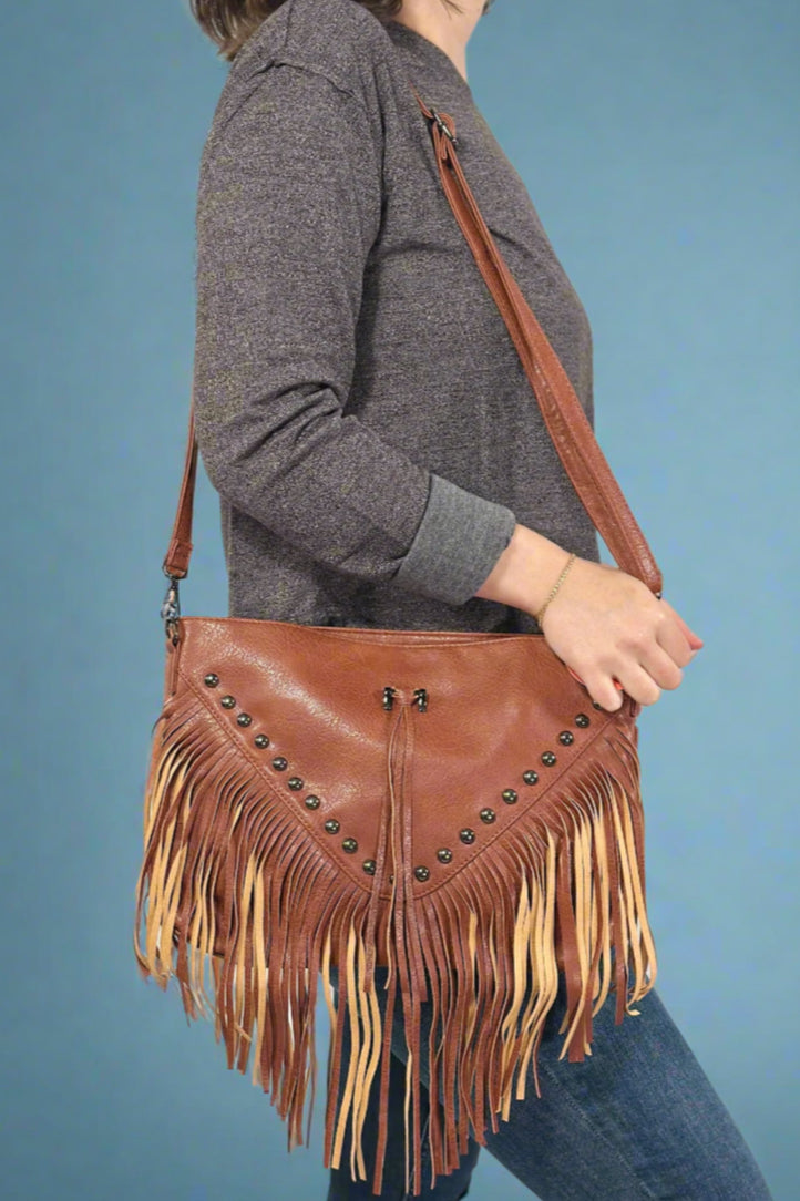 Rivet Soft Tassel Shoulder Bag - Brown
