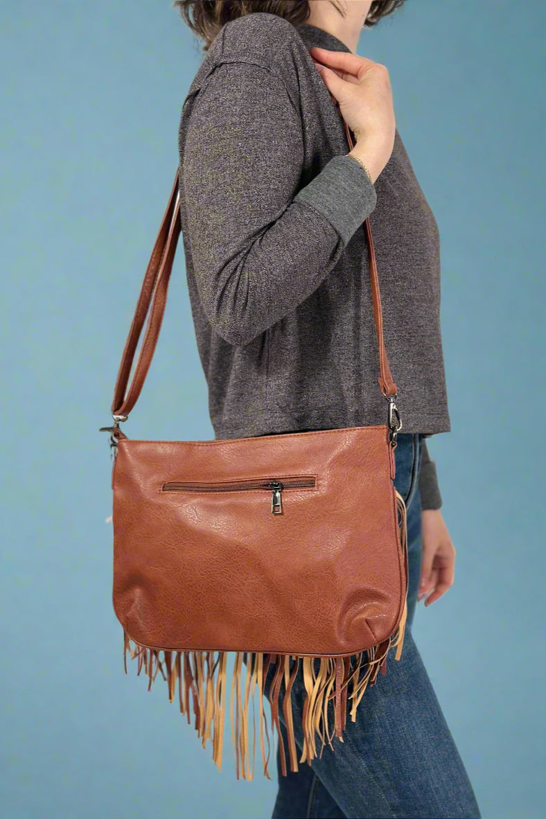Rivet Soft Tassel Shoulder Bag - Brown