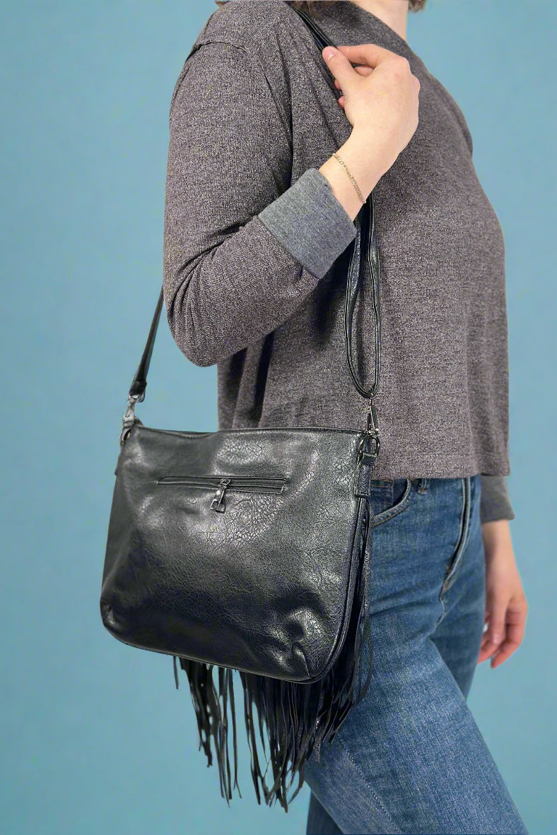 Rivet Soft Tassel Shoulder Bag - Black