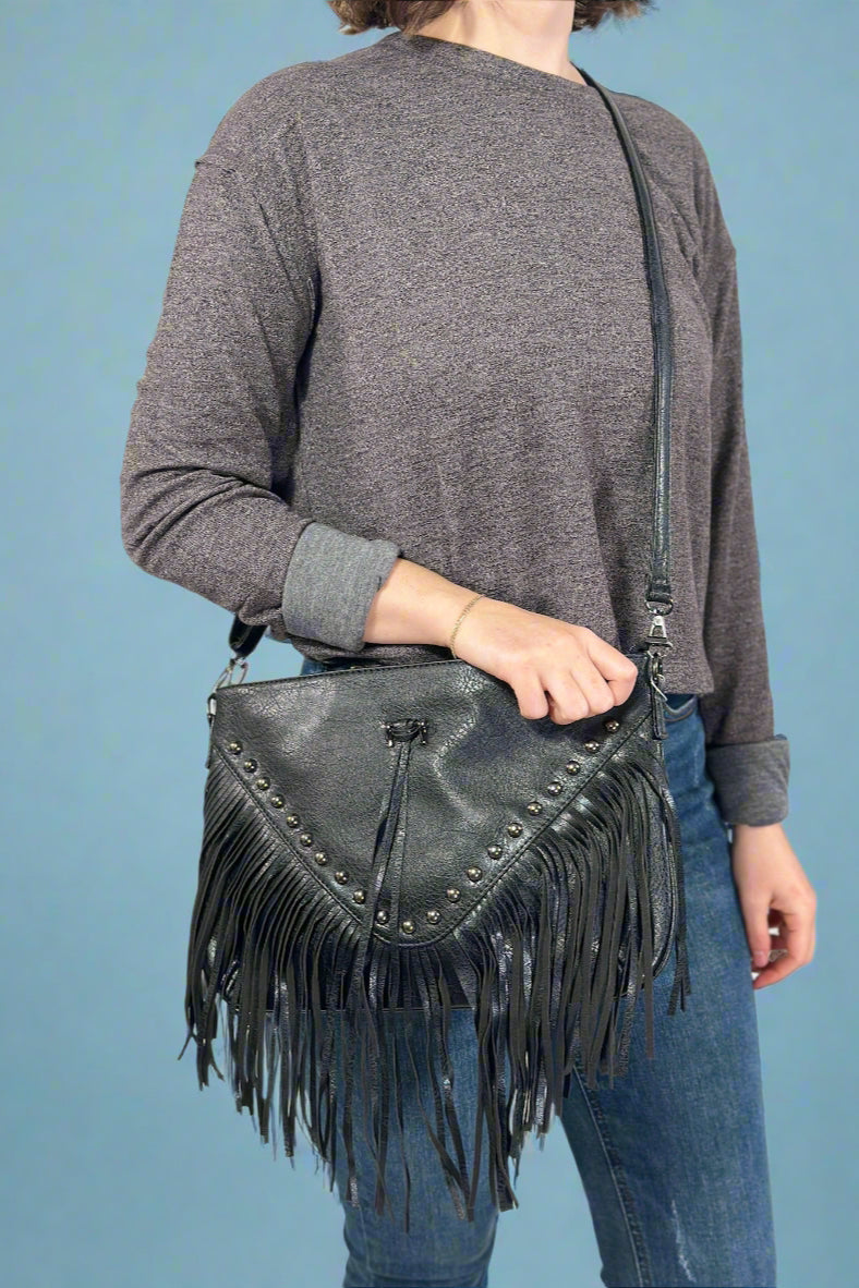 Rivet Soft Tassel Shoulder Bag - Black