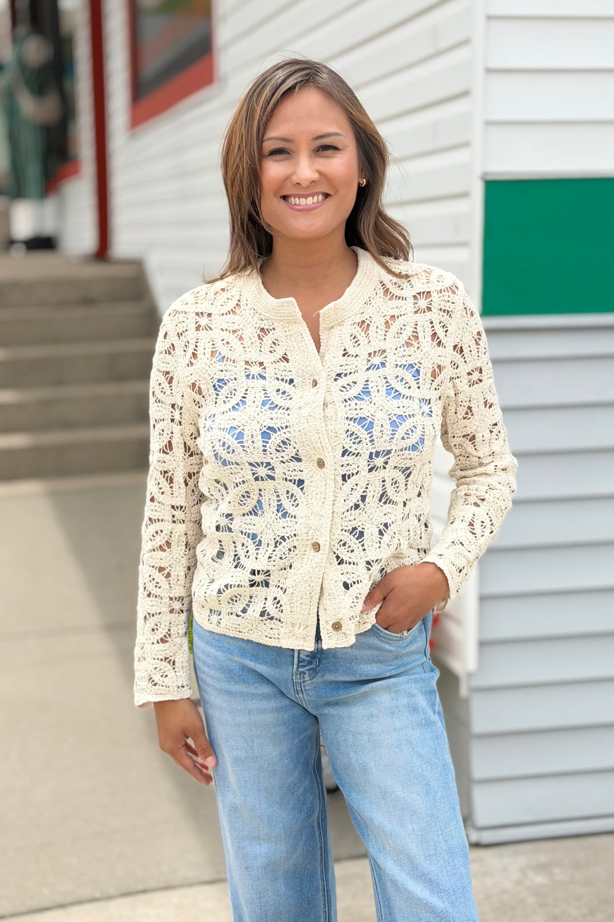 Lace Crochet Cotton Cardigan - Ecru