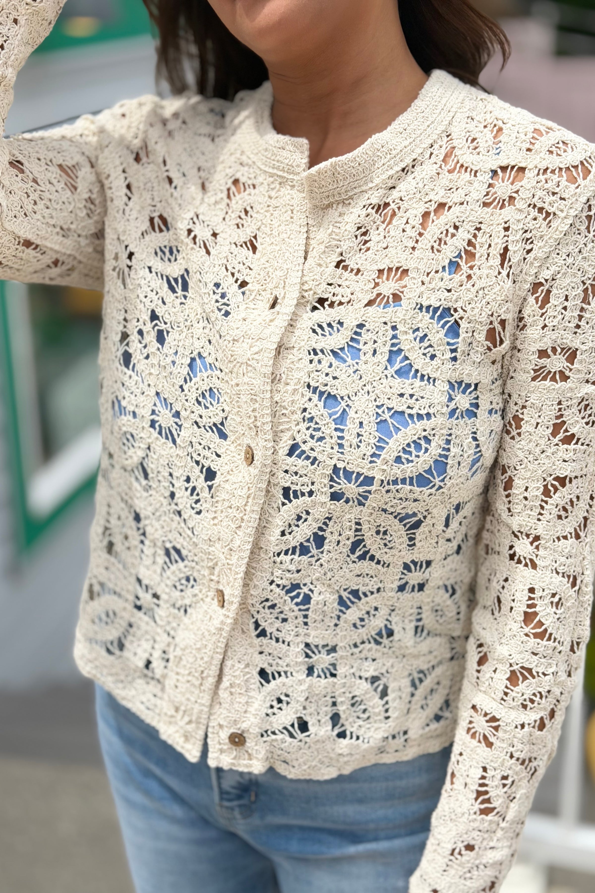 Lace Crochet Cotton Cardigan - Ecru