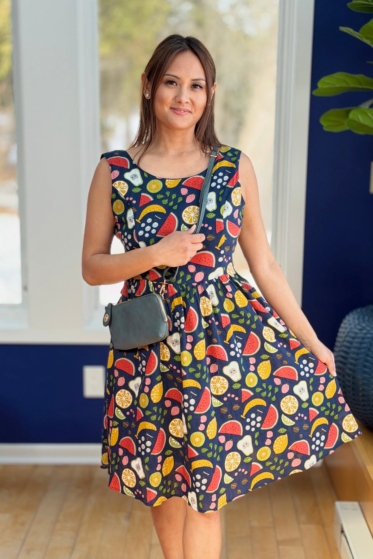 Fit & Flare Fruit Dress - Navy