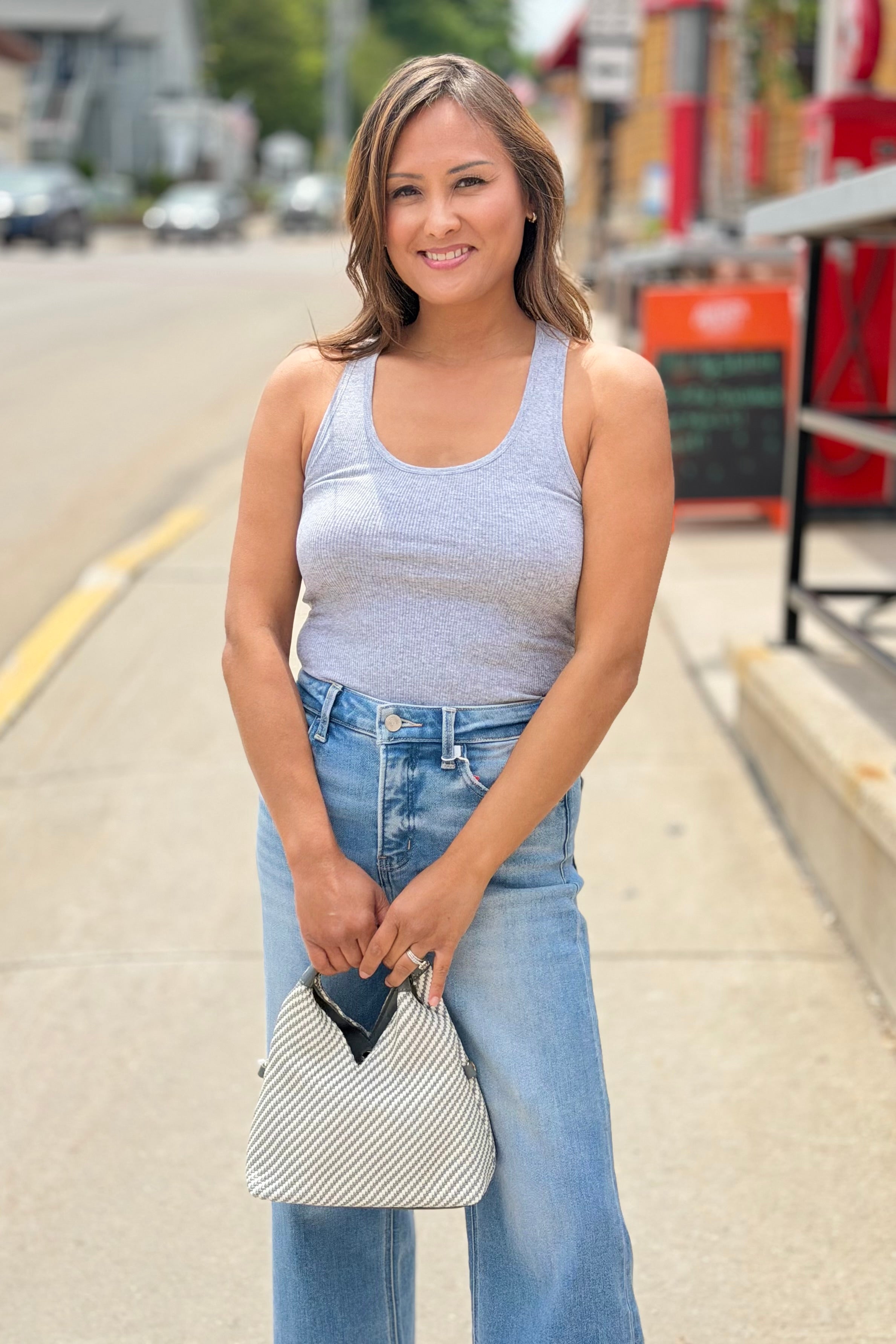 Cotton Racerback Ribbed Tank - Grey