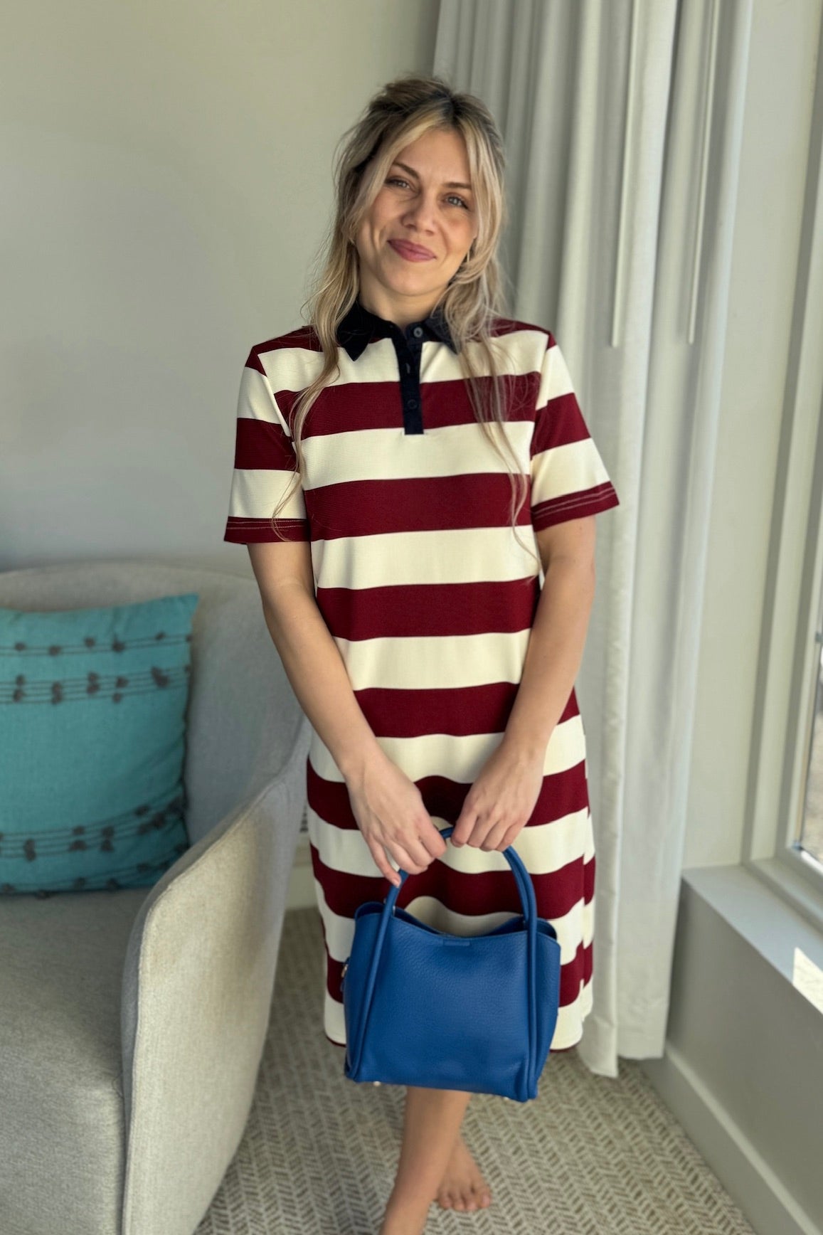 Big Stripe Collar Midi Dress - Red