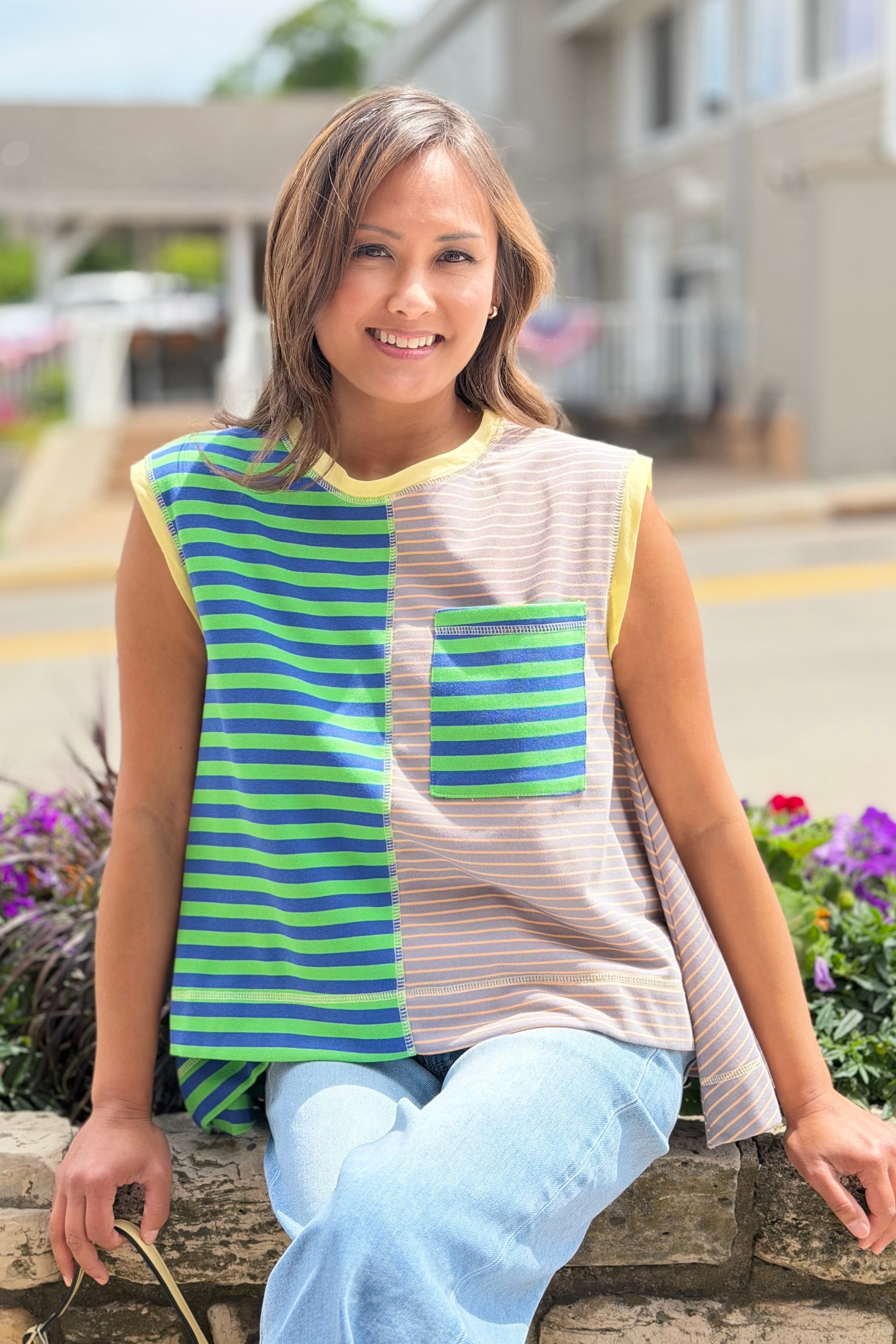 Striped Colorblock Sleeveless Top - Green
