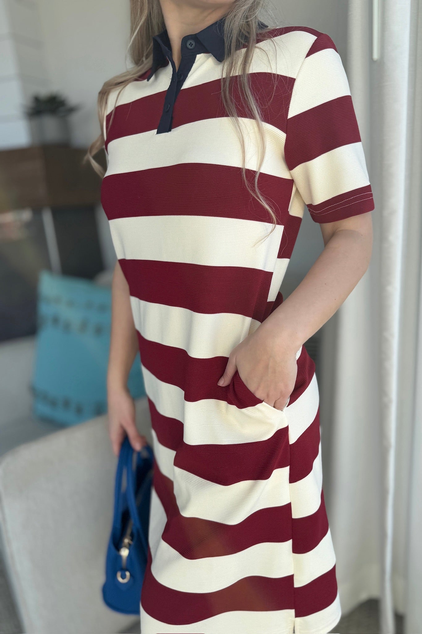 Big Stripe Collar Midi Dress - Red