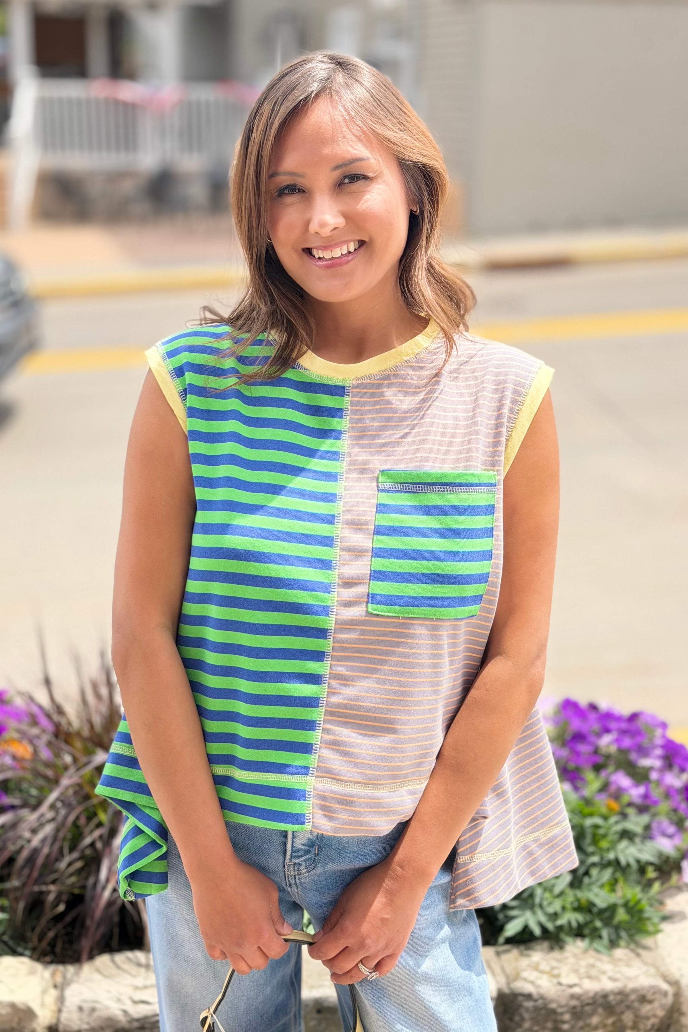 Striped Colorblock Sleeveless Top - Green