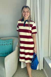 Big Stripe Collar Midi Dress - Red