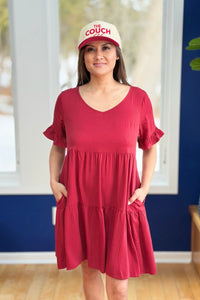 V-Neck Dress Flutter Sleeves - Burgundy