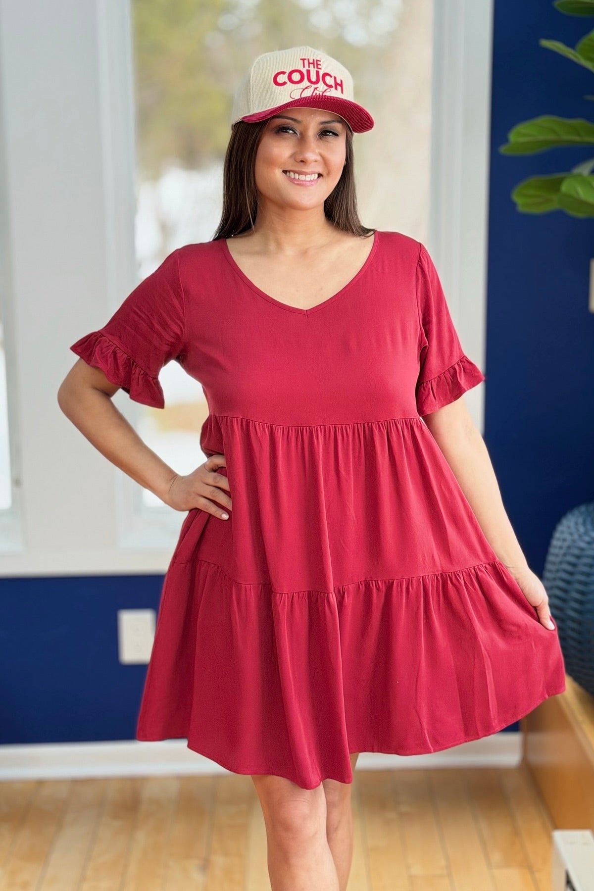 V-Neck Dress Flutter Sleeves - Burgundy
